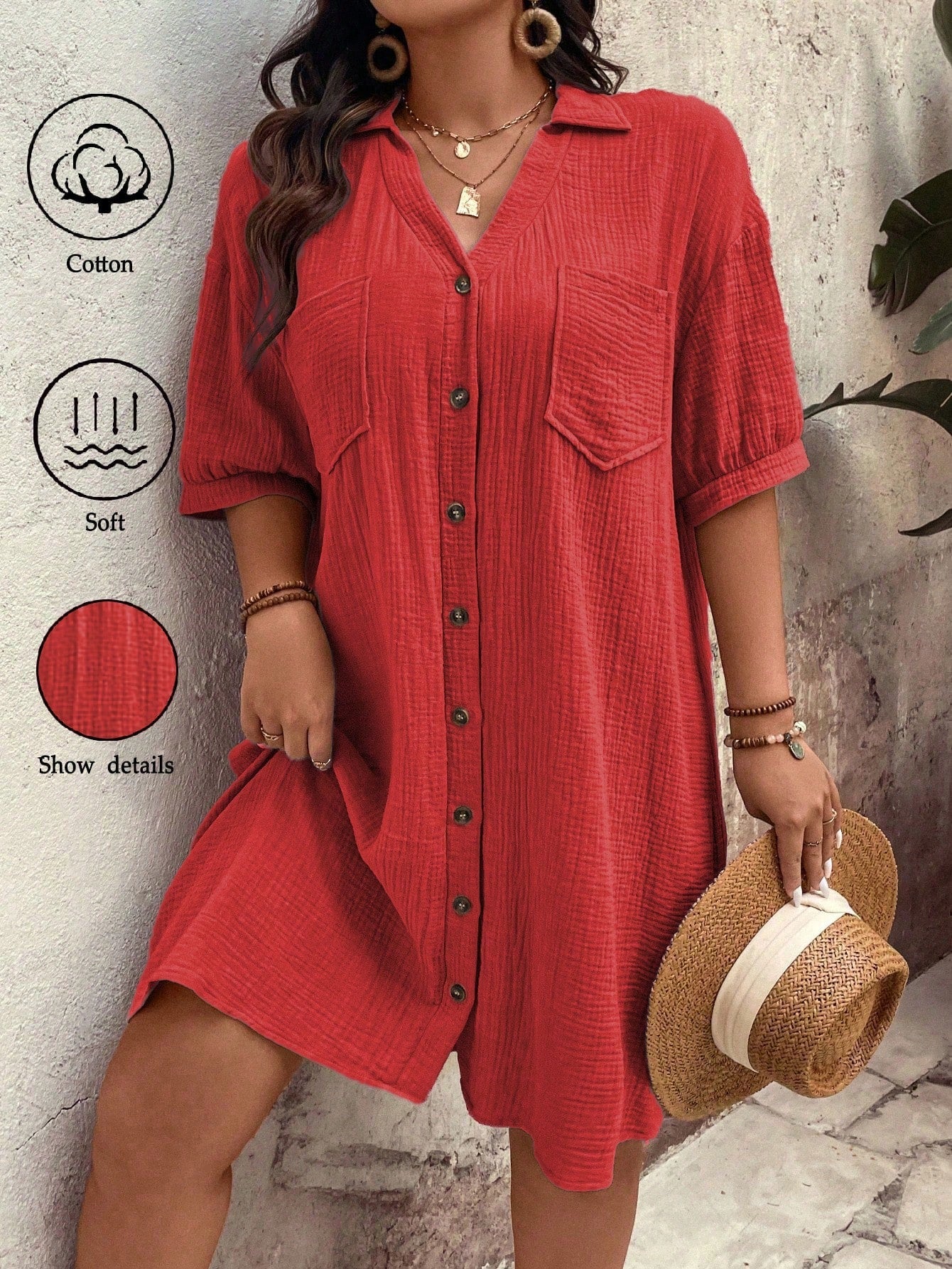 Vestido feminino tipo chamise e tecido de algodão Daniela. Plus Size