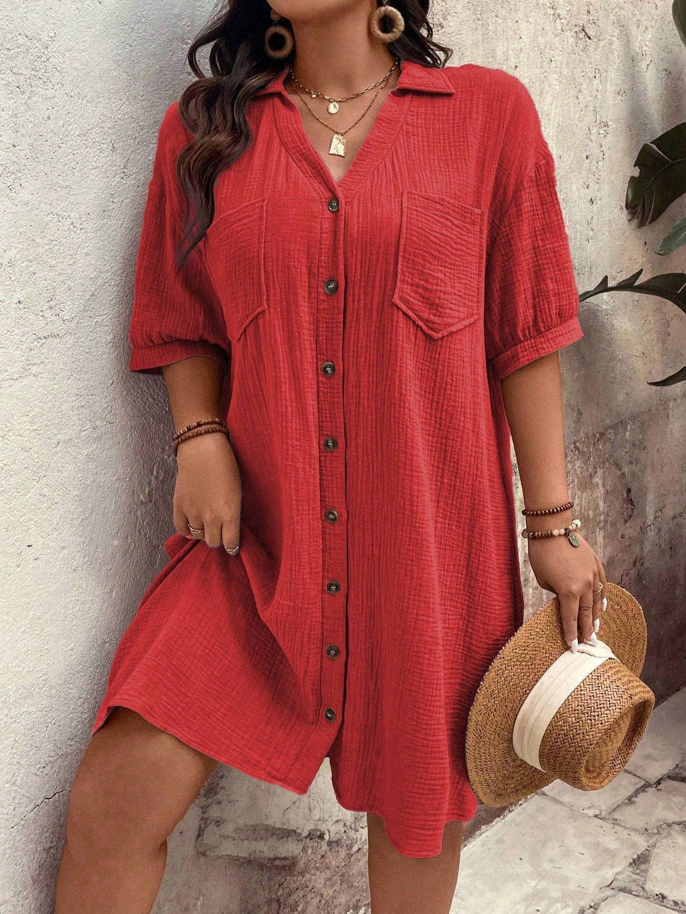 Vestido feminino tipo chamise e tecido de algodão Daniela. Plus Size