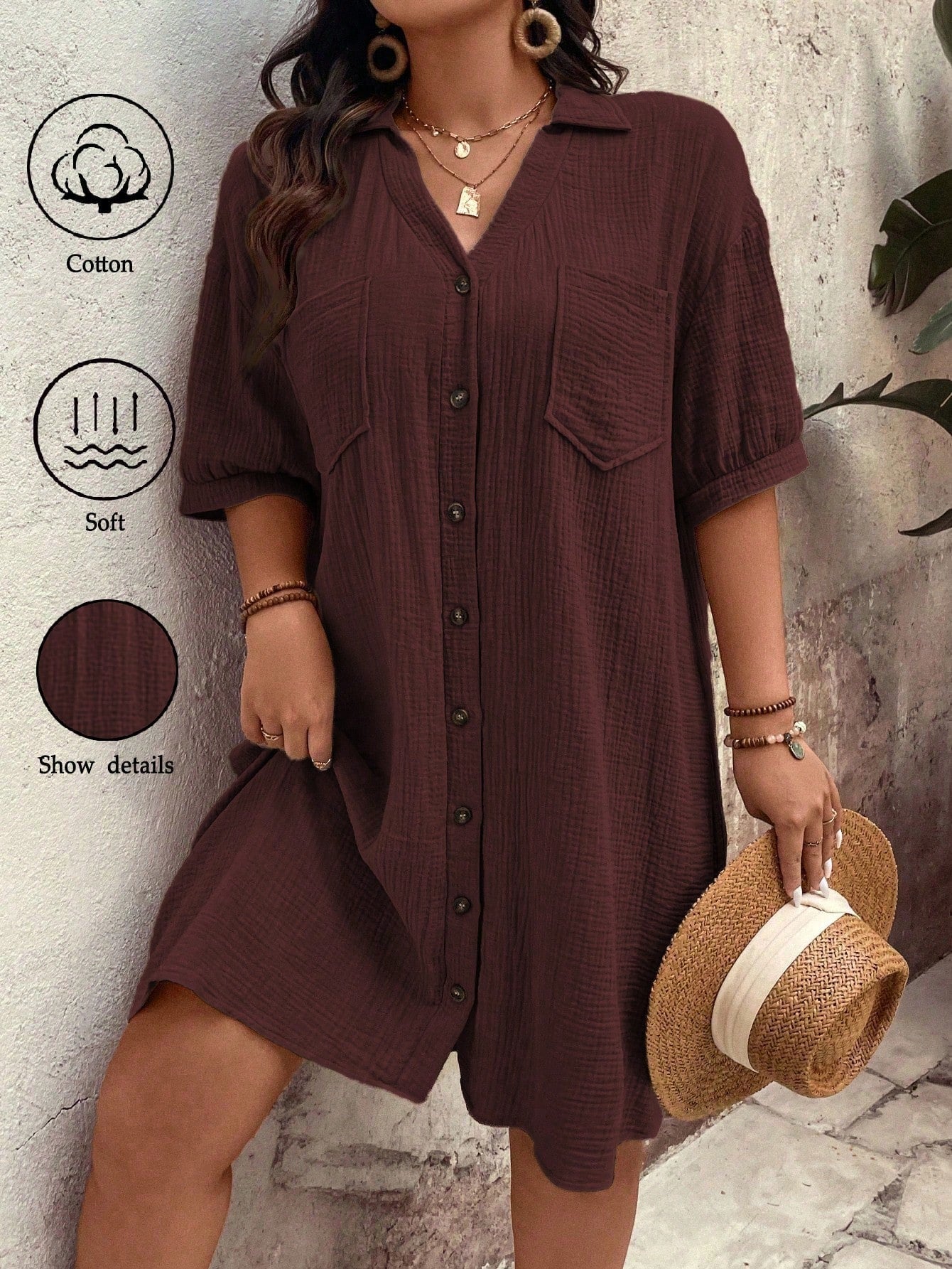 Vestido feminino tipo chamise e tecido de algodão Daniela. Plus Size