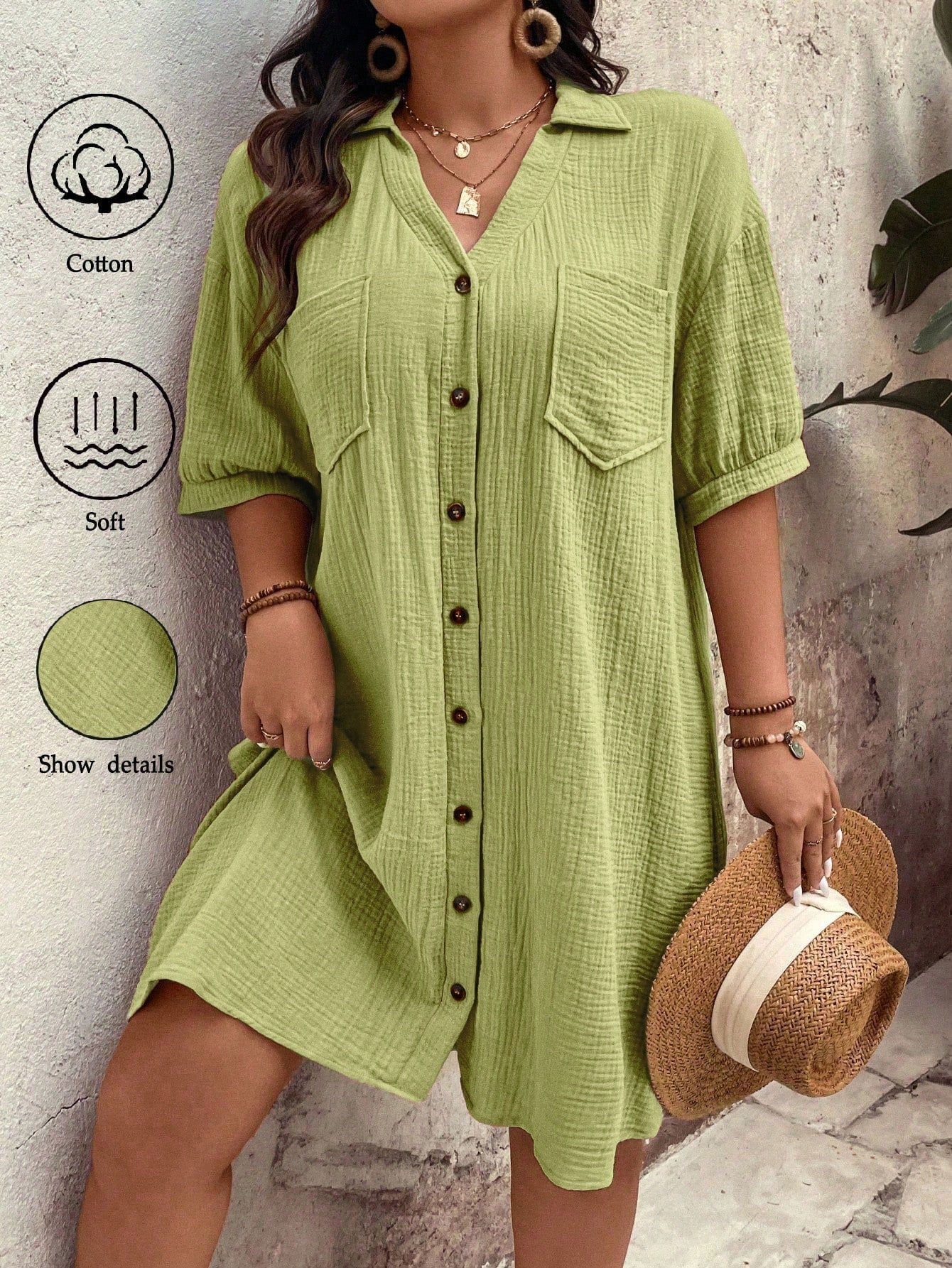 Vestido feminino tipo chamise e tecido de algodão Daniela. Plus Size