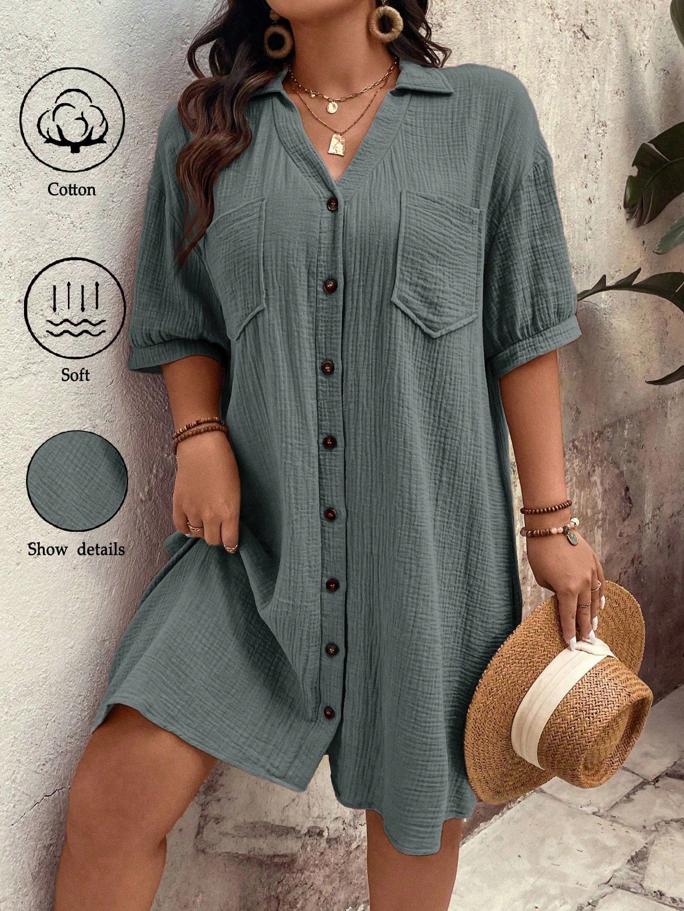 Vestido feminino tipo chamise e tecido de algodão Daniela. Plus Size