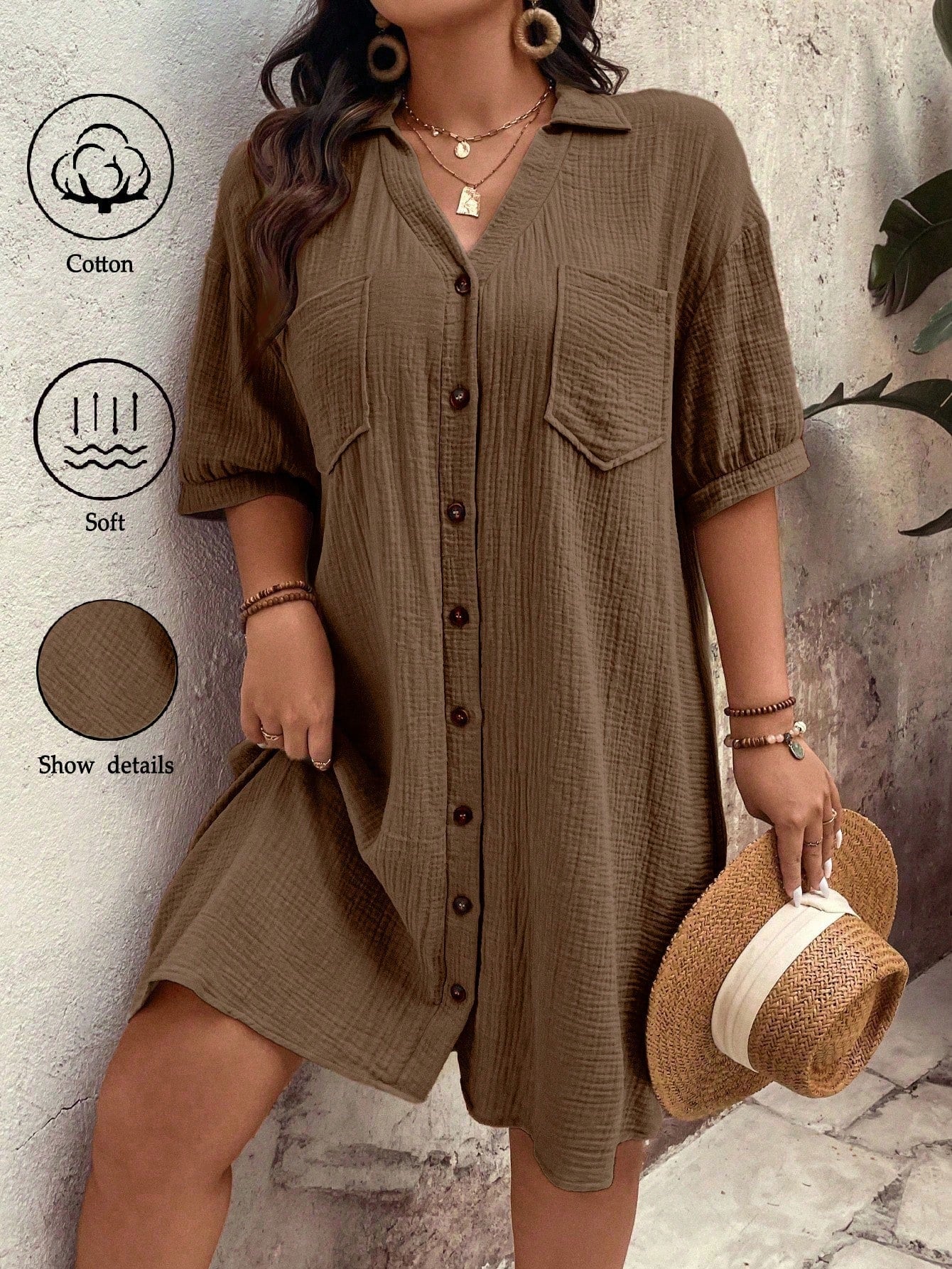 Vestido feminino tipo chamise e tecido de algodão Daniela. Plus Size