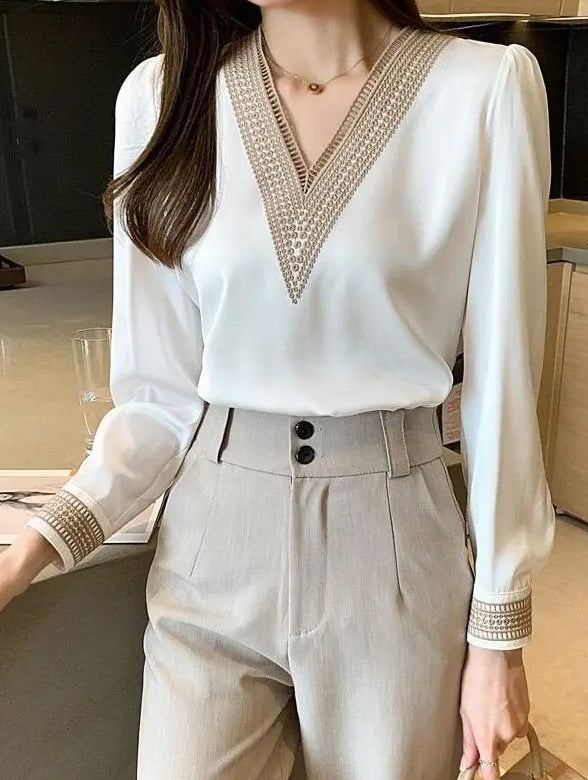 Blusa Feminina Gola em V Manga Longa Rubi
