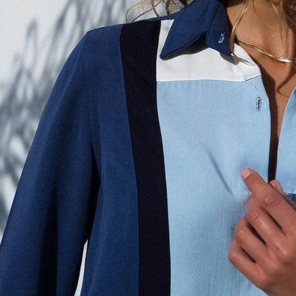 Camisa Feminina Chiffon Azul Manga Longa Carol Vaz