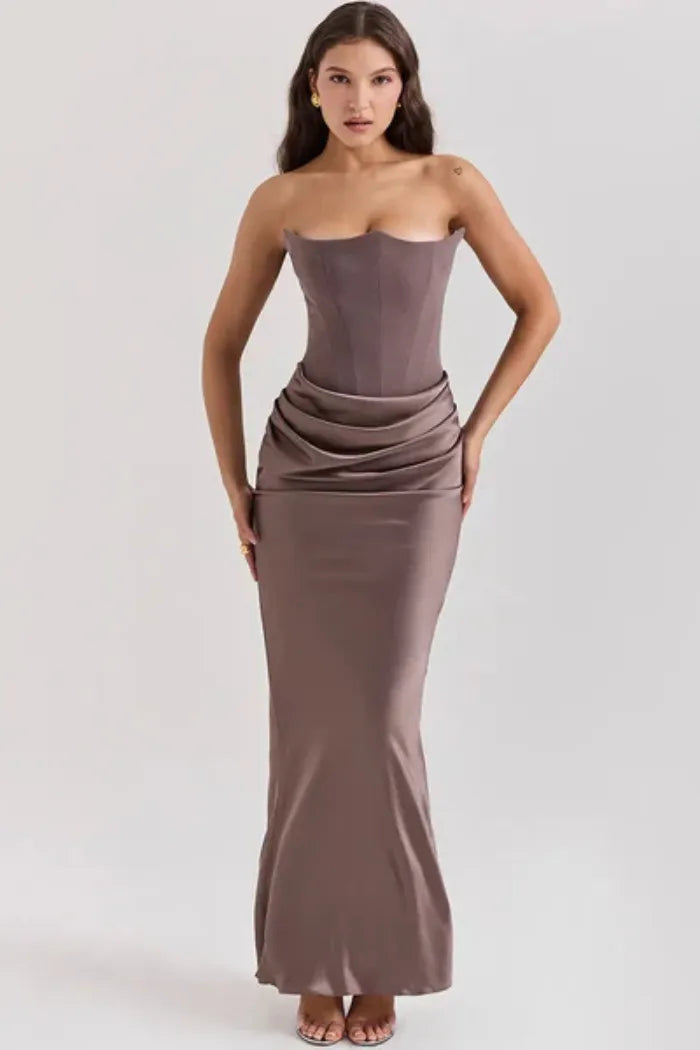 Vestido Longo Para Festas Cinza Sem Alça Modelo Persephone