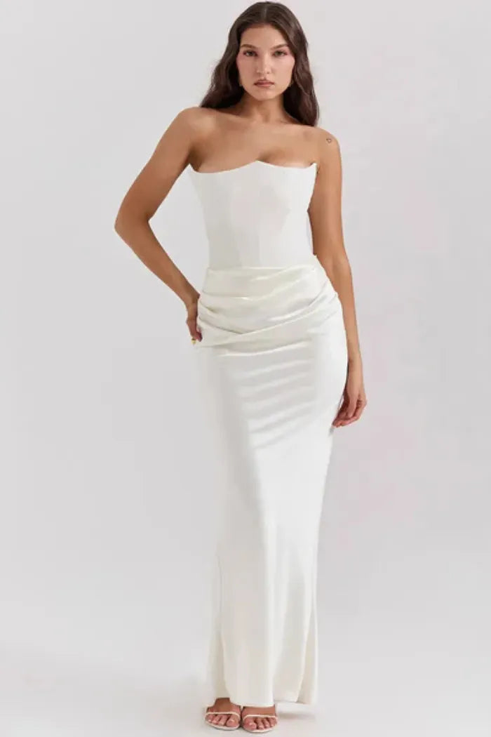Vestido Longo Para Festas Cinza Sem Alça Modelo Persephone