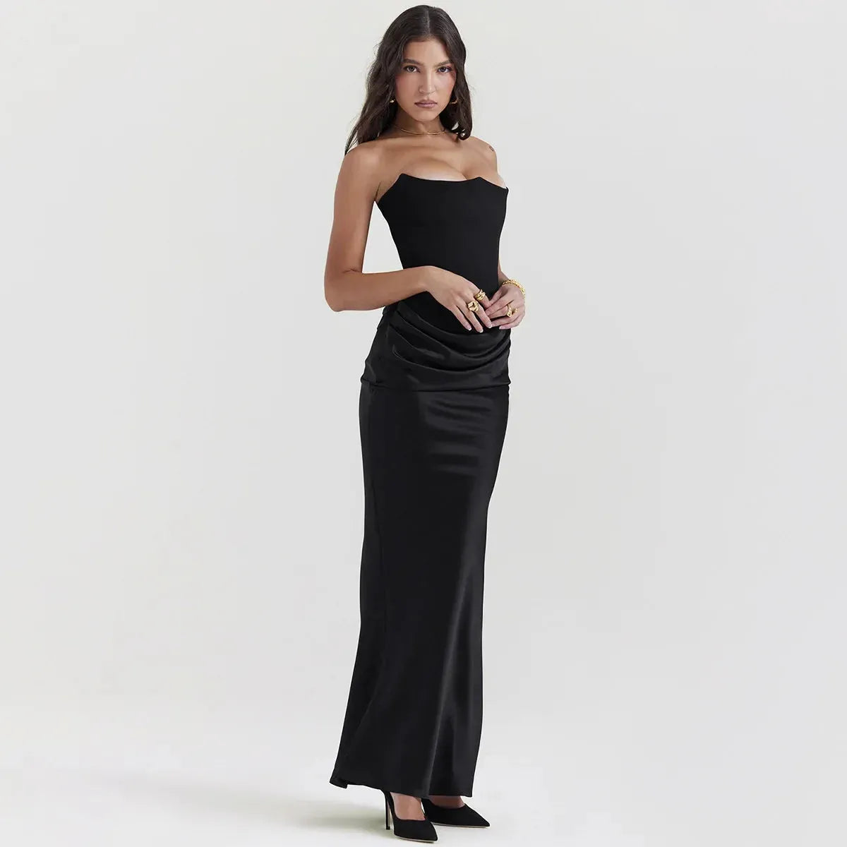 Vestido Longo Para Festas Cinza Sem Alça Modelo Persephone