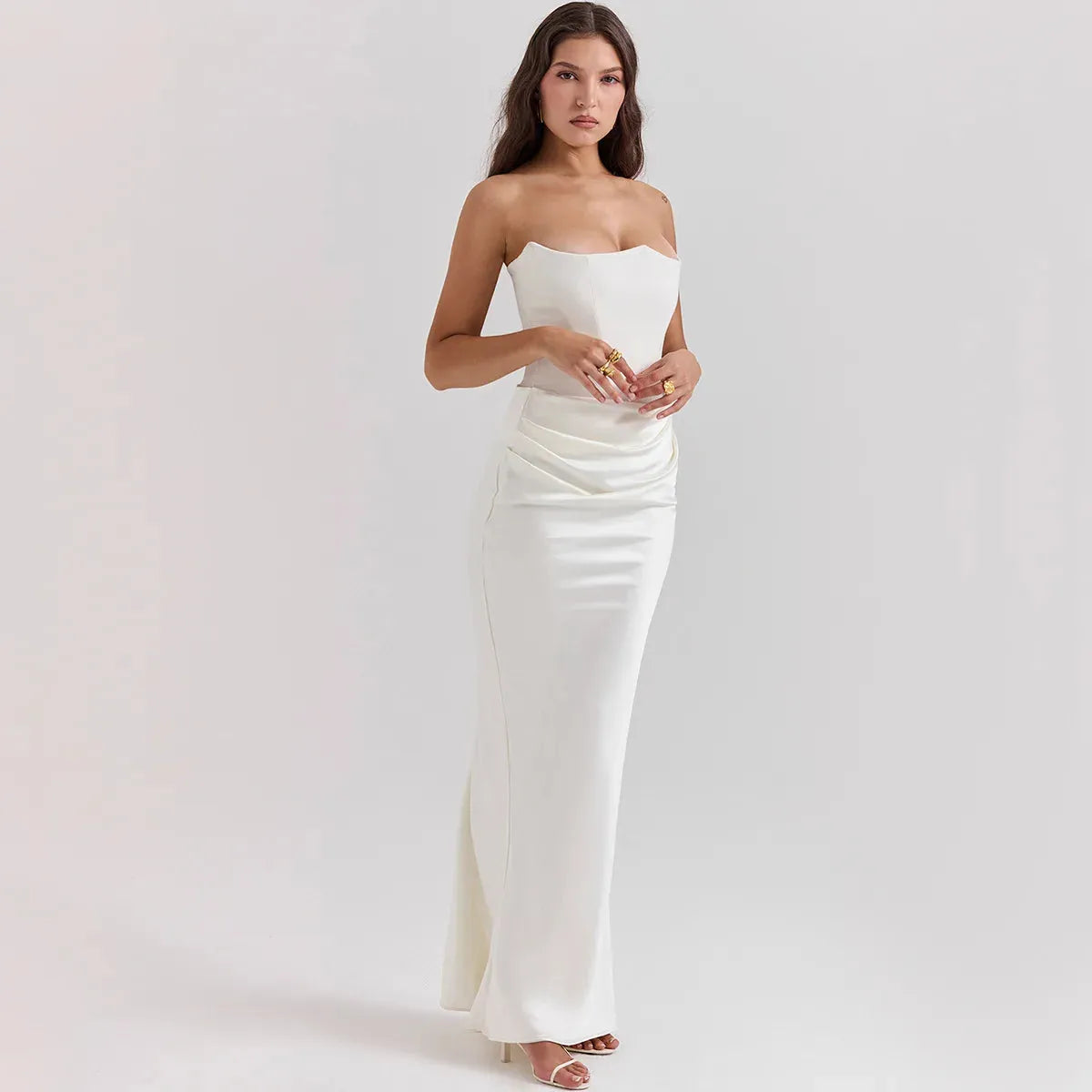 Vestido Longo Para Festas Cinza Sem Alça Modelo Persephone
