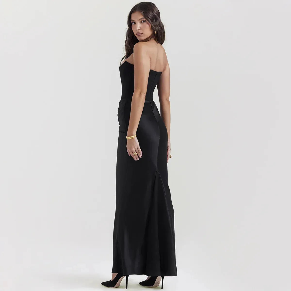 Vestido Longo Para Festas Cinza Sem Alça Modelo Persephone