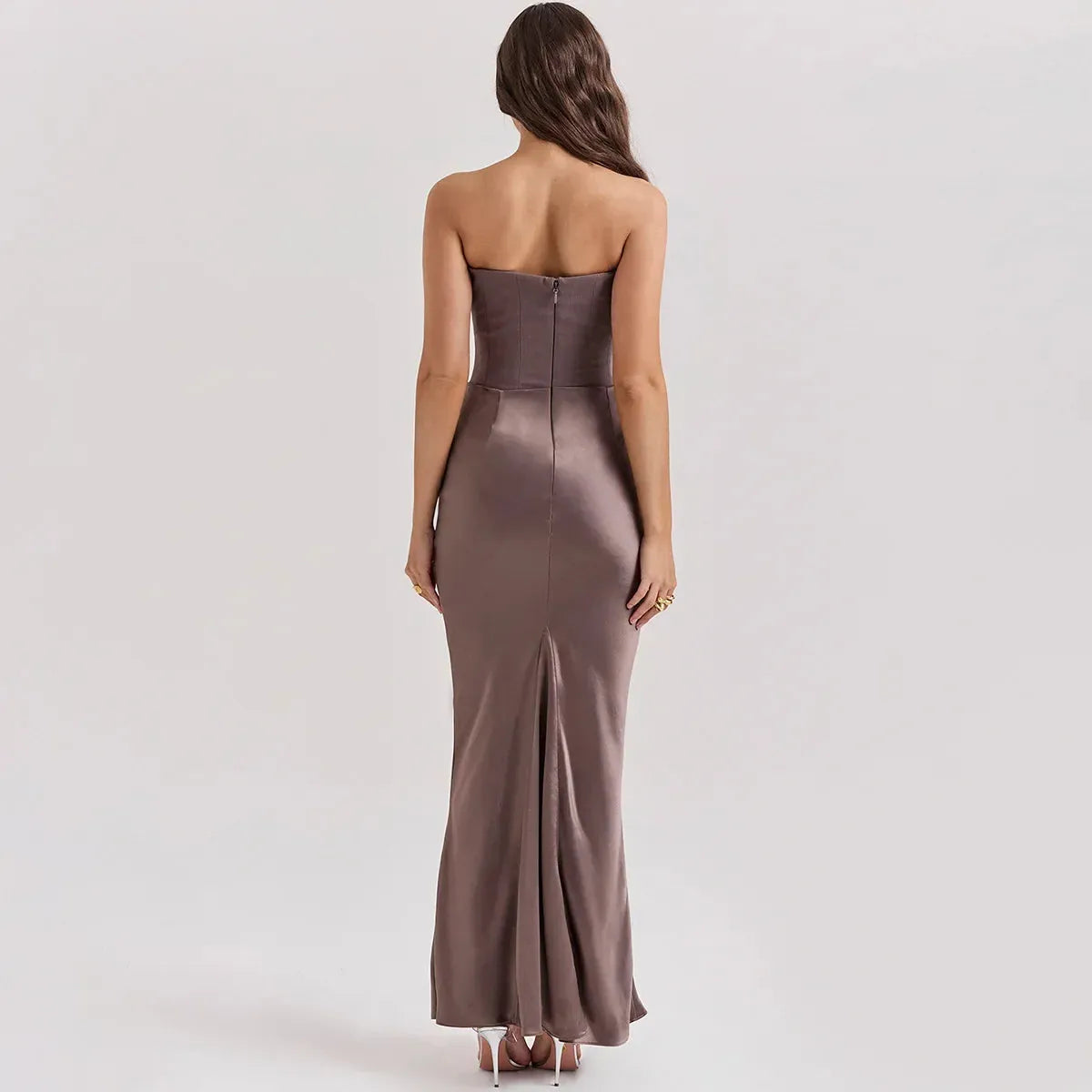 Vestido Longo Para Festas Cinza Sem Alça Modelo Persephone