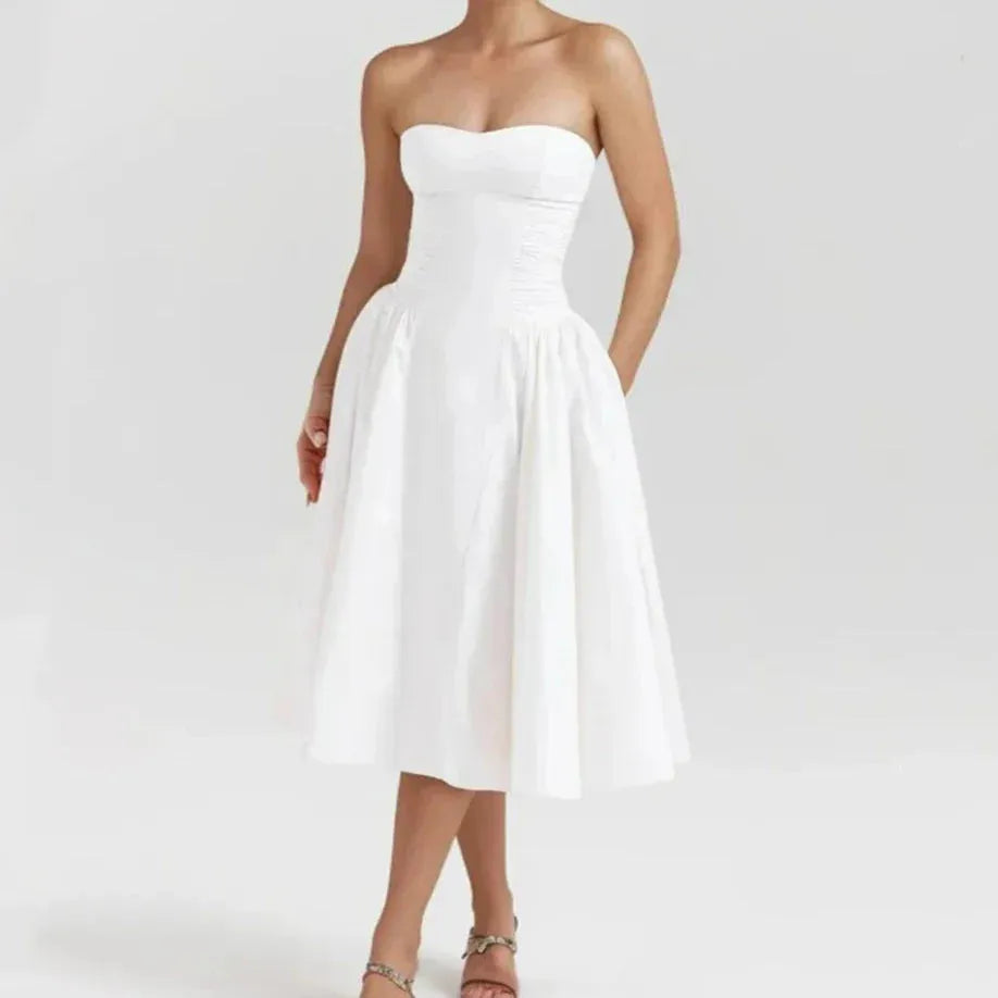 Vestido Midi Detalhes plissados - Modelo Amelia