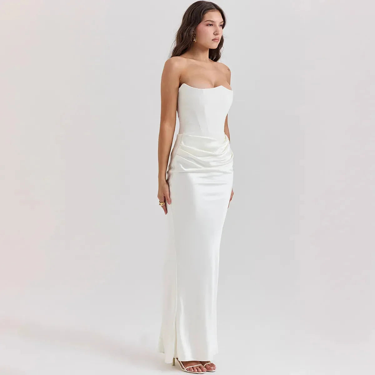 Vestido Longo Para Festas Cinza Sem Alça Modelo Persephone