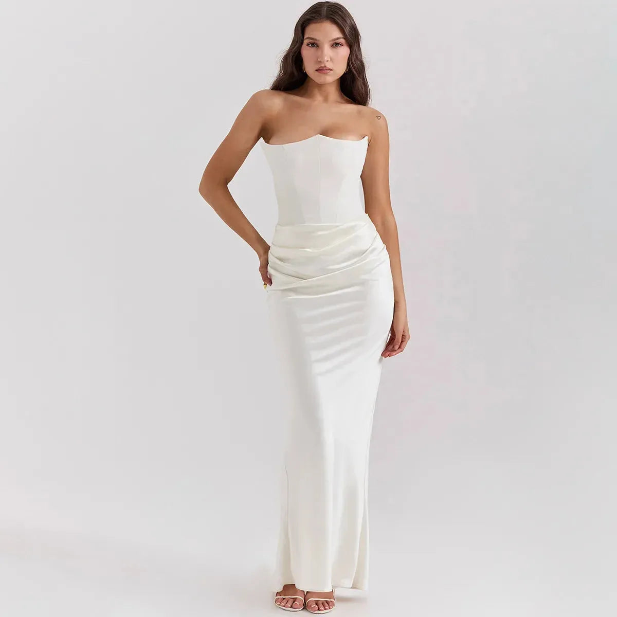 Vestido Longo Para Festas Cinza Sem Alça Modelo Persephone