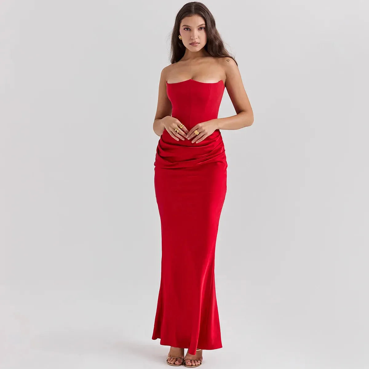Vestido Longo Para Festas Cinza Sem Alça Modelo Persephone