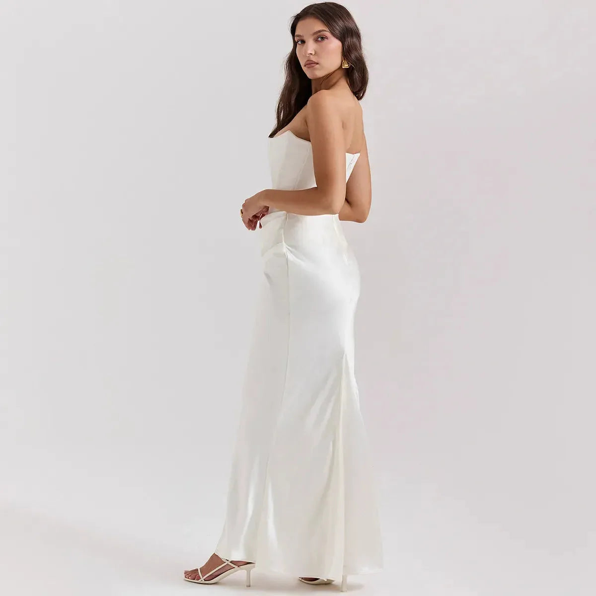Vestido Longo Para Festas Cinza Sem Alça Modelo Persephone