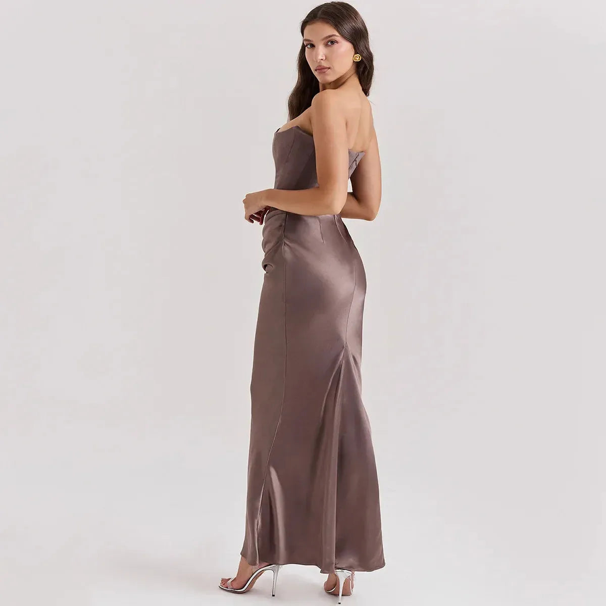 Vestido Longo Para Festas Cinza Sem Alça Modelo Persephone