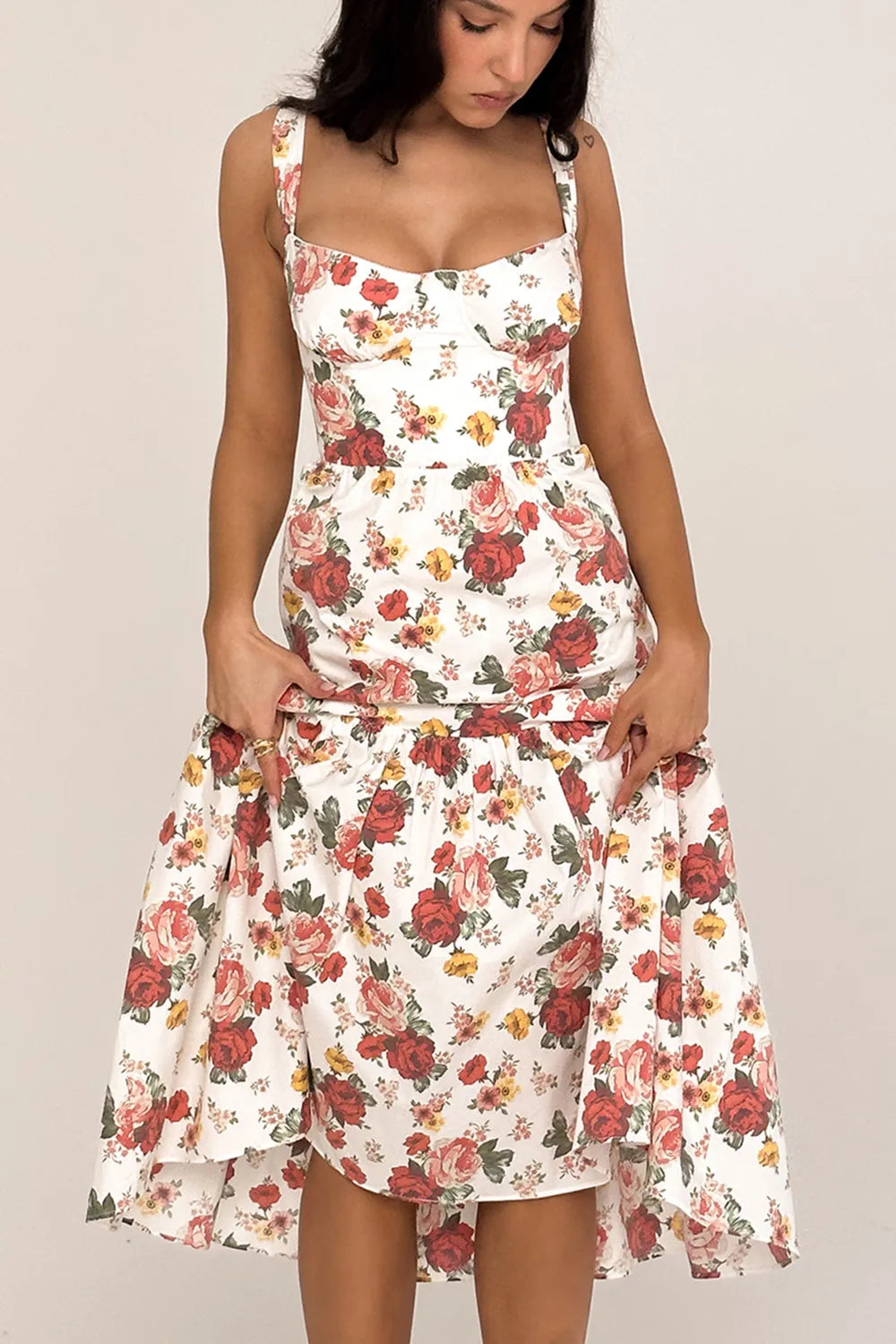 Vestido Midi Floral Modelador de Algodão Modelo Elia