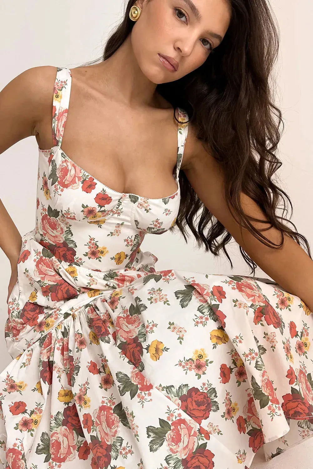 Vestido Midi Floral Modelador de Algodão Modelo Elia