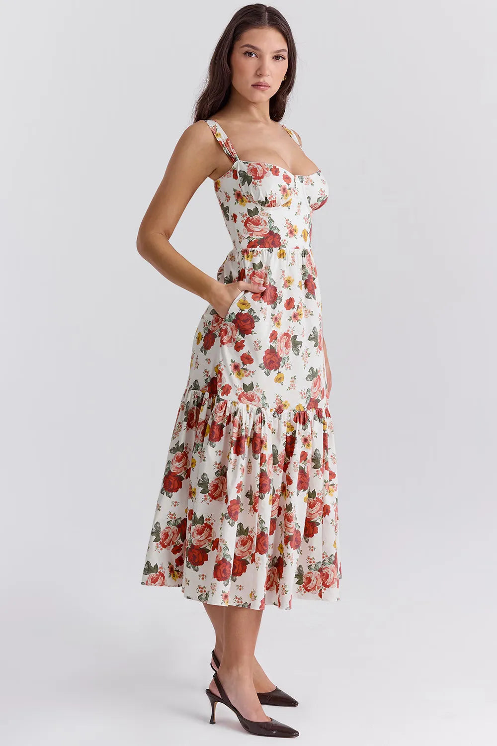 Vestido Midi Floral Modelador de Algodão Modelo Elia