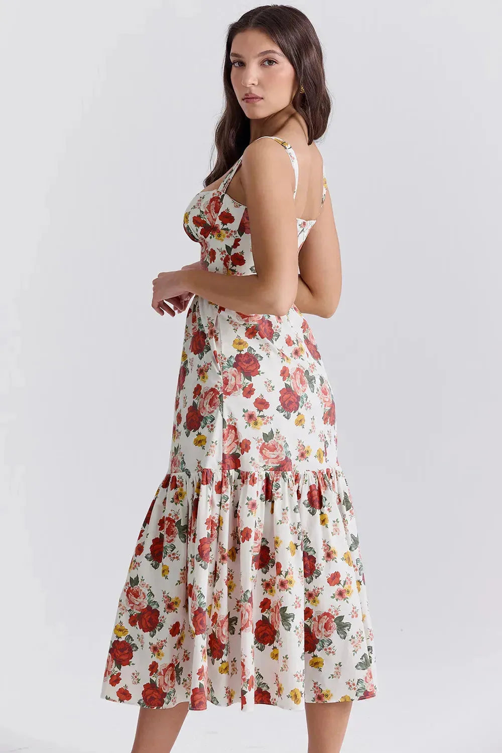 Vestido Midi Floral Modelador de Algodão Modelo Elia