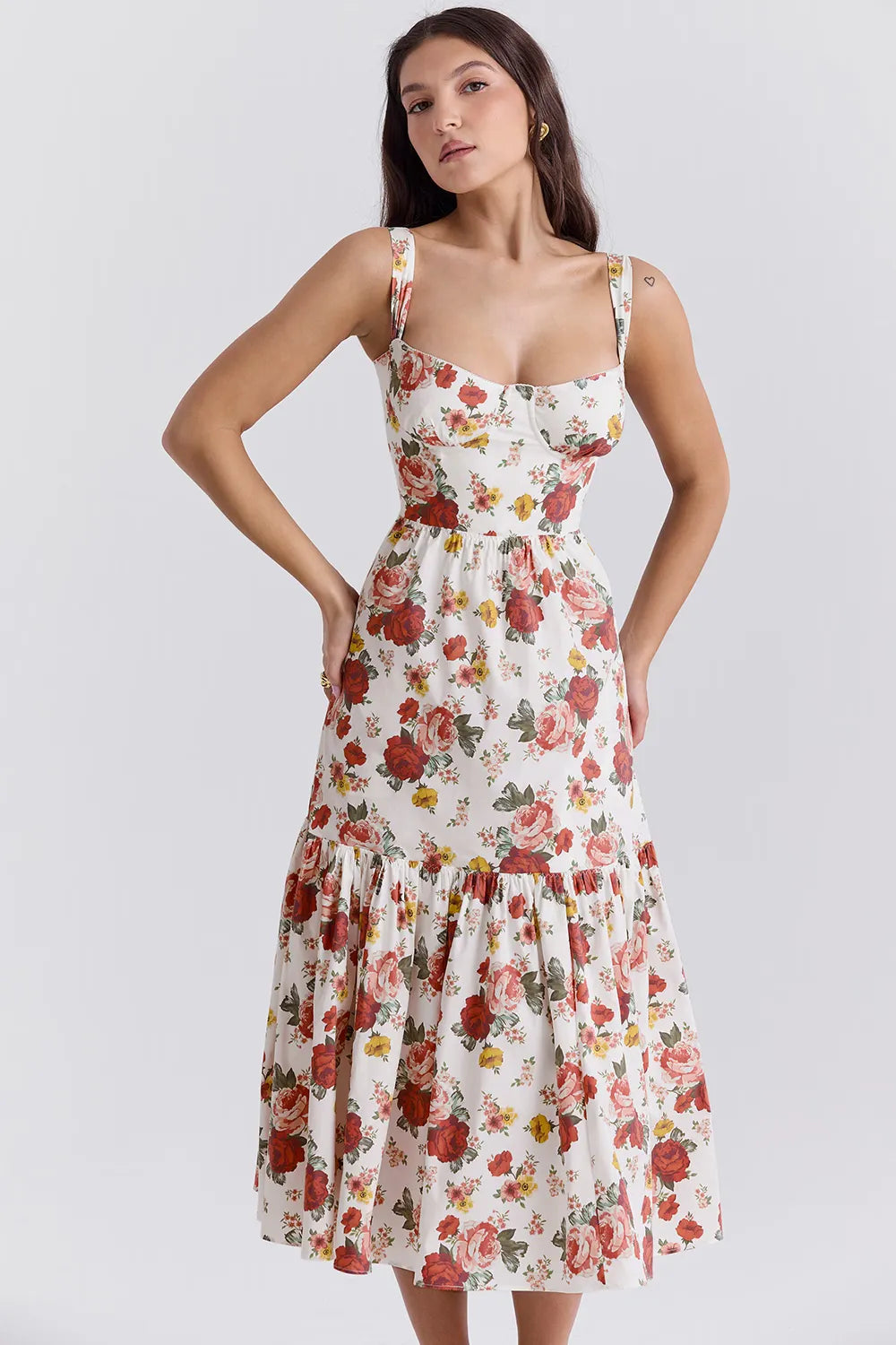 Vestido Midi Floral Modelador de Algodão Modelo Elia