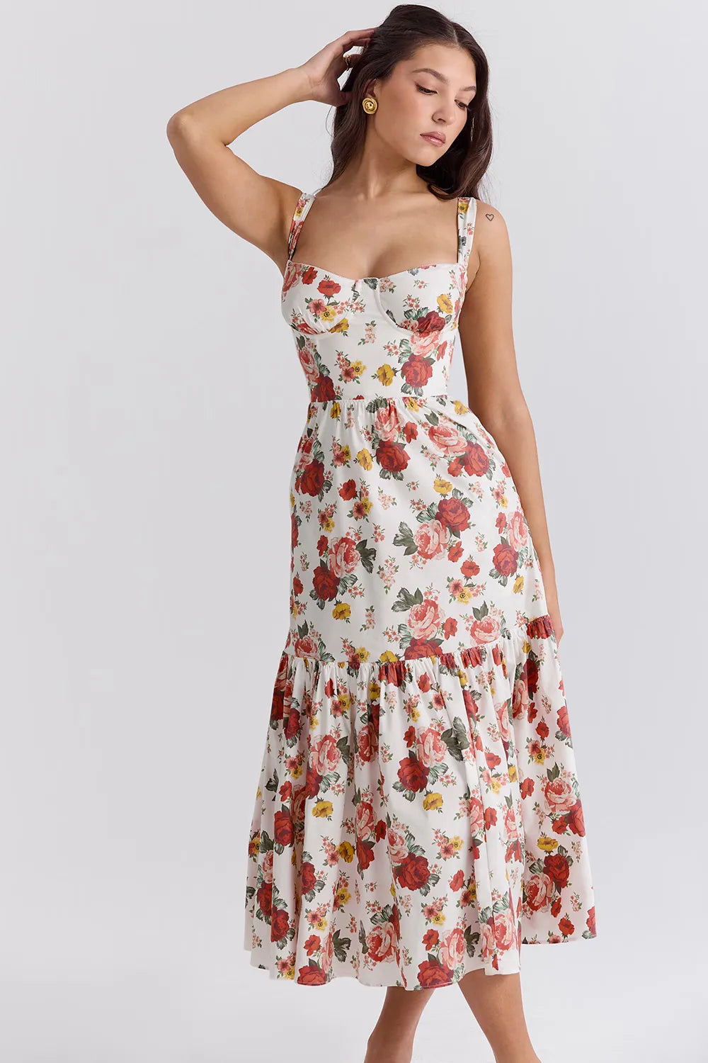 Vestido Midi Floral Modelador de Algodão Modelo Elia