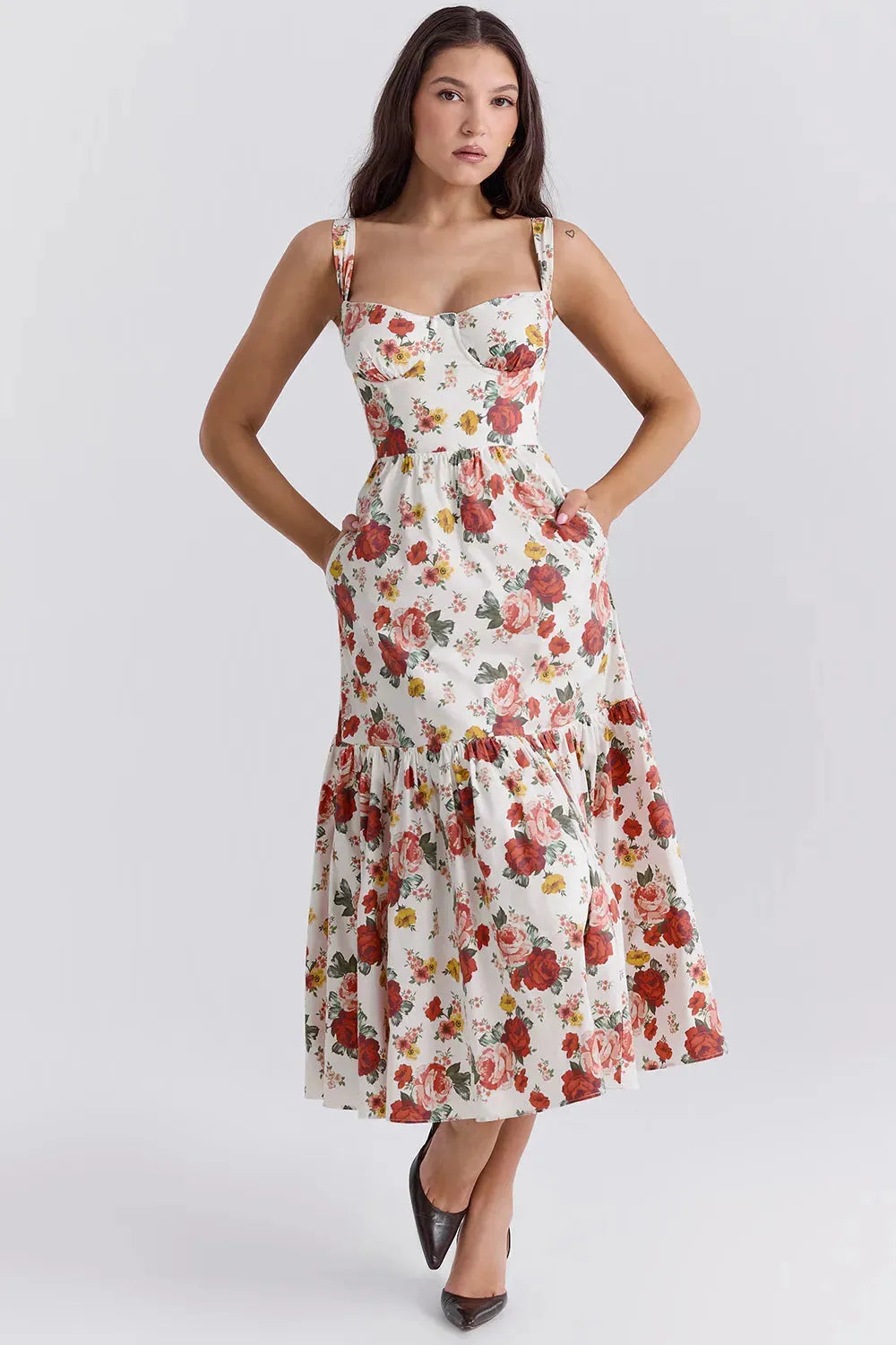 Vestido Midi Floral Modelador de Algodão Modelo Elia