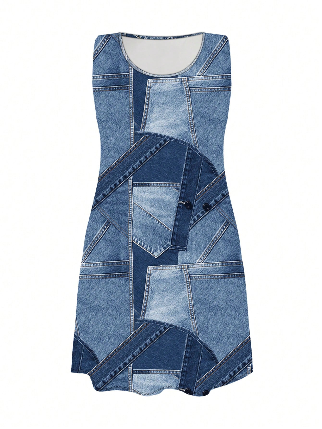 Vestido com estampa de retalhos jeans Andressa. Plus Size