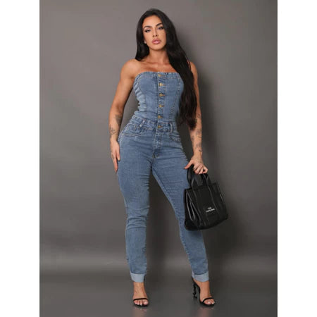 Macacão Jeans Tomara que Caia com Elastano