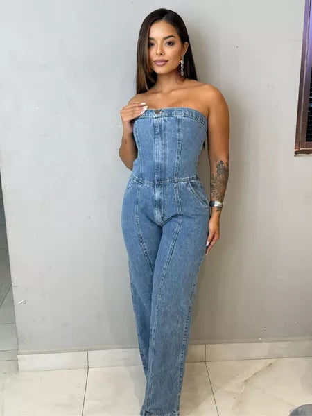 Macacão Jeans Tomara que Caia com Elastano