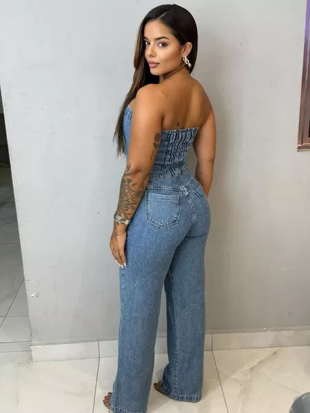 Macacão Jeans Tomara que Caia com Elastano