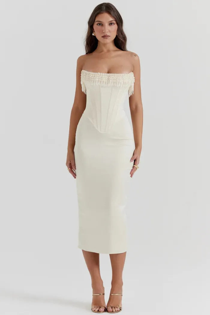 Vestido Midi Com Fileiras de Pérolas - Arizona