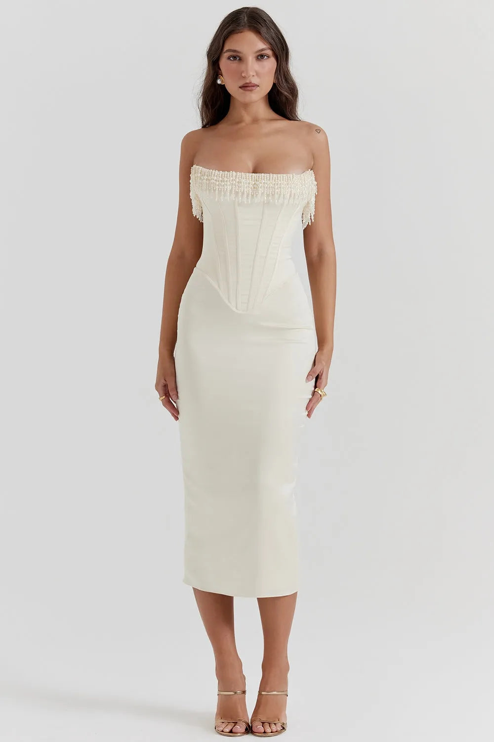 Vestido Midi Com Fileiras de Pérolas - Arizona