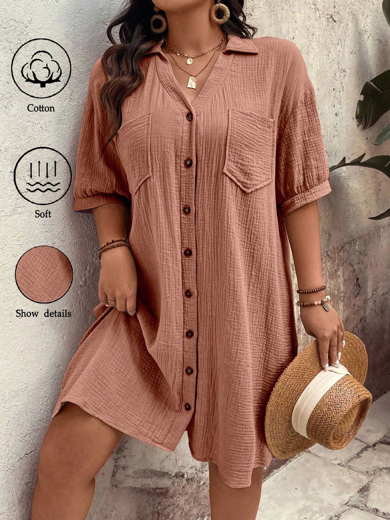 Vestido feminino tipo chamise e tecido de algodão Daniela. Plus Size