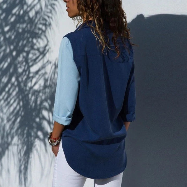 Camisa Feminina Chiffon Azul Manga Longa Carol Vaz