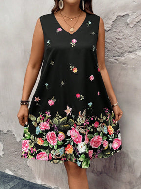 Vestido Feminino com estampa de plantas e detalhe na gola V Lilibeth. Plus Size