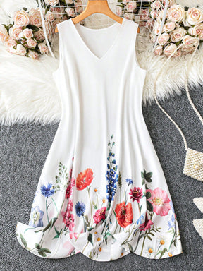 Vestido Feminino com estampa de plantas e detalhe na gola V Lilibeth. Plus Size
