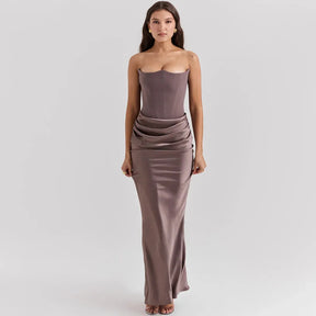 Vestido Longo Para Festas Cinza Sem Alça Modelo Persephone