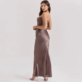 Vestido Longo Para Festas Cinza Sem Alça Modelo Persephone