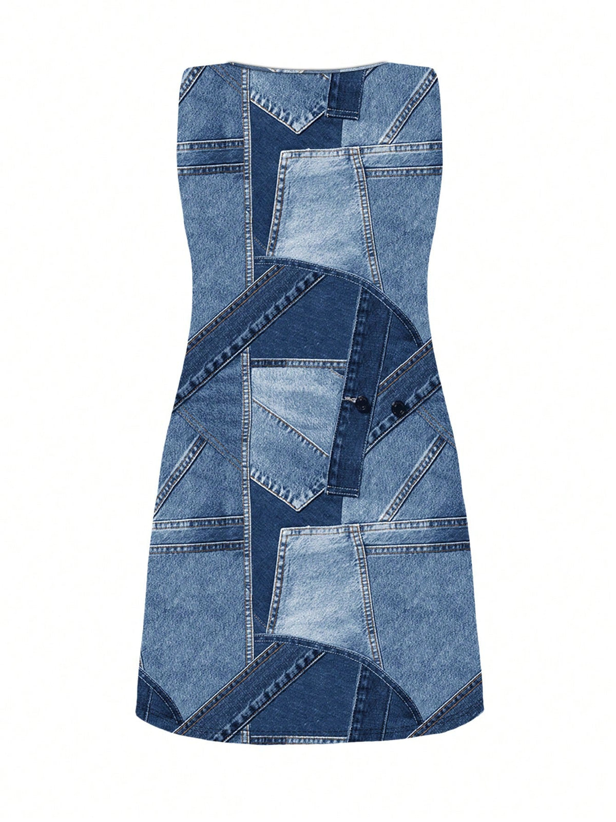 Vestido com estampa de retalhos jeans Andressa. Plus Size