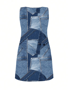 Vestido com estampa de retalhos jeans Andressa. Plus Size
