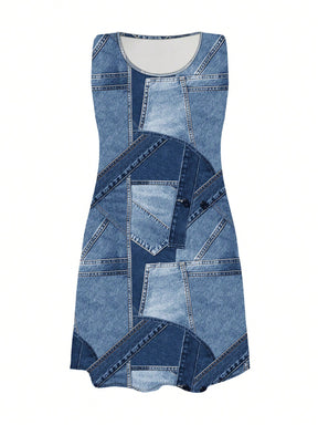 Vestido com estampa de retalhos jeans Andressa. Plus Size