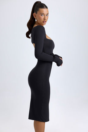 Vestido Midi de Decote Quadrado em Preto